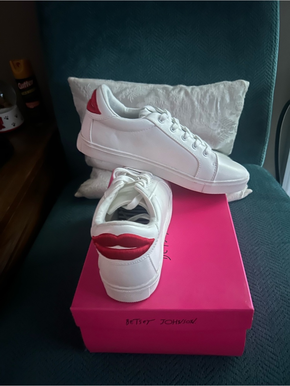 Betsey Johnson White Sneakers with Red Lip Heel Accent